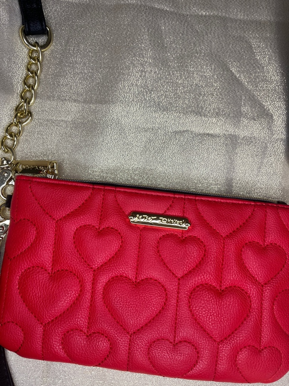 Betsey Johnson Quilted Heart Wristlet Clutch in Bright Red with Gold Hardware.